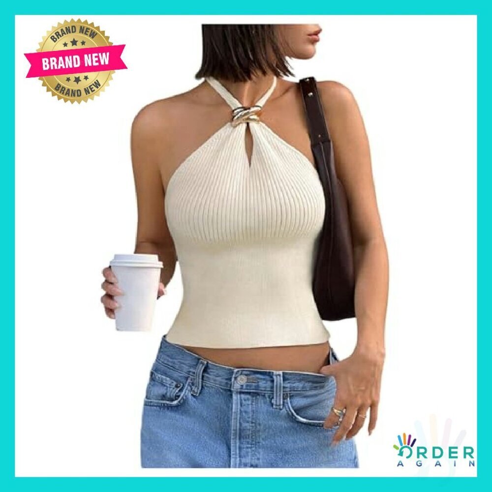 Ribbed Halter Cropped Top Sleeveless Racerback Chic Y2K Date Night - Picture 2 of 6